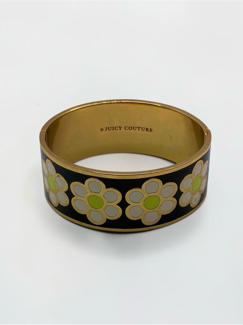 Vintage Juicy Couture Black Enamel Floral Daisy Hinged Bangle Bracelet